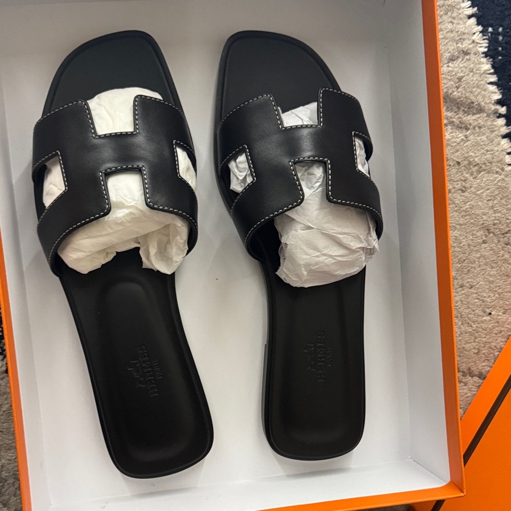 Hermes Black Leather Flats